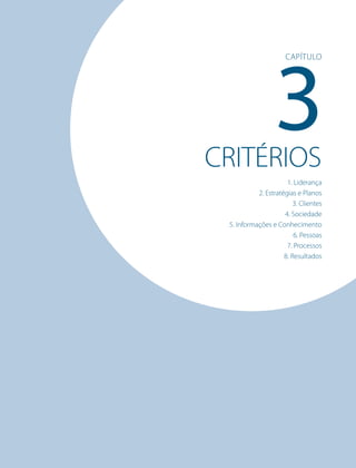 CRITÉRIOS
1. Liderança
2. Estratégias e Planos
3. Clientes
4. Sociedade
5. Informações e Conhecimento
6. Pessoas
7. Processos
8. Resultados
3
Capítulo
 