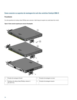 Como conectar os suportes de montagem do rack dos switches Catalyst 2960-X
Procedimento
Use dois parafusos de cabeça chata Phillips para conectar o lado longo do suporte em cada lateral do switch.
Figura 4: Como conectar suportes para racks de 19 polegadas
Posição de montagem no meio3Posição de montagem frontal1
Posição de montagem traseira4Parafusos de cabeça chata Phillips, número 8
(48-2927-01)
2
16
 