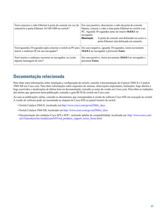 Em caso positivo, desconecte o cabo da porta do console.
Depois, conecte o cabo a uma porta Ethernet no switch e no
PC. Aguarde 30 segundos antes de inserir 10.0.0.1 no
navegador.
A porta do console está delineada em azul e a
porta Ethernet está delineada em amarelo.
Observação
Você conectou o cabo Ethernet à porta do console em vez de
conectá-lo à porta Ethernet 10/100/1000 no switch?
Em caso negativo, aguarde 30 segundos, insira novamente
10.0.0.1 no navegador e pressione Enter.
Você aguardou 30 segundos após conectar o switch ao PC para
inserir o endereço IP em seu navegador?
Em caso positivo, insira novamente 10.0.0.1 no navegador e
pressione Enter.
Você inseriu o endereço incorreto no navegador, ou existe
alguma mensagem de erro?
Documentação relacionada
Para obter mais informações sobre instalação e configuração do switch, consulte a documentação do Catalyst 2960-X e Catalyst
2960-XR em Cisco.com. Para obter informações sobre requisitos do sistema, observações importantes, limitações, bugs abertos e
bugs resolvidos e atualizações de última hora na documentação, consulte as notas da versão em Cisco.com. Para obter as traduções
dos alertas que aparecem nesta publicação, consulte o guia RCSI do switch em Cisco.com.
Ao usar as publicações online, consulte os documentos que correspondem à versão do software Cisco IOS em execução no switch.
A versão do software pode ser encontrada na etiqueta do Cisco IOS no painel traseiro do switch.
• Switch Catalyst 2960-X, localizado em http://www.cisco.com/go/cat2960x_docs
• Switch Catalyst 2960-XR, localizado em http://www.cisco.com/go/cat2960xr_docs
• Documentação dos módulos Cisco SFP e SFP+, incluindo tabelas de compatibilidade, localizada em: http://www.cisco.com/
en/US/products/hw/modules/ps5455/tsd_products_support_series_home.html
23
 