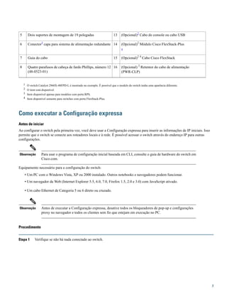 (Opcional)2
Cabo do console ou cabo USB13Dois suportes de montagem de 19 polegadas5
(Opcional)2
Módulo Cisco FlexStack-Plus
4
14Conector3
capa para sistema de alimentação redundante6
(Opcional)2 4
Cabo Cisco FlexStack15Guia do cabo7
(Opcional) 2
Retentor do cabo de alimentação
(PWR-CLP)
16Quatro parafusos de cabeça de fardo Phillips, número 12
(48-0523-01)
8
1 O switch Catalyst 2960X-48FPD-L é mostrado no exemplo. É possível que o modelo do switch tenha uma aparência diferente.
2 O item está disponível.
3 Item disponível apenas para modelos com porta RPS.
4 Item disponível somente para switches com porta FlexStack-Plus.
Como executar a Configuração expressa
Antes de iniciar
Ao configurar o switch pela primeira vez, você deve usar a Configuração expressa para inserir as informações de IP iniciais. Isso
permite que o switch se conecte aos roteadores locais e à rede. É possível acessar o switch através do endereço IP para outras
configurações.
Para usar o programa de configuração inicial baseada em CLI, consulte o guia de hardware do switch em
Cisco.com.
Observação
Equipamento necessário para a configuração do switch:
• Um PC com o Windows Vista, XP ou 2000 instalado. Outros notebooks e navegadores podem funcionar.
• Um navegador da Web (Internet Explorer 5.5, 6.0, 7.0, Firefox 1.5, 2.0 e 3.0) com JavaScript ativado.
• Um cabo Ethernet de Categoria 5 ou 6 direto ou cruzado.
Antes de executar a Configuração expressa, desative todos os bloqueadores de pop-up e configurações
proxy no navegador e todos os clientes sem fio que estejam em execução no PC.
Observação
Procedimento
Etapa 1 Verifique se não há nada conectado ao switch.
3
 
