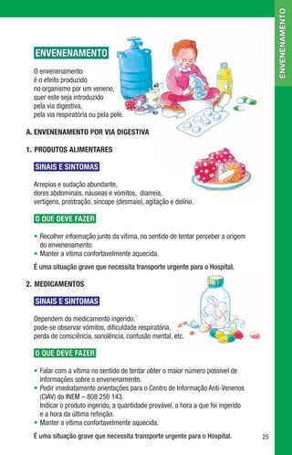 envenenamento
  ENVENENAMENTO
  O envenenamento
  é o efeito produzido
  no organismo por um veneno,
  quer este seja introduzido
  pela via digestiva,
  pela via respiratória ou pela pele.

A. ENVENENAMENTO POR VIA DIGESTIVA

1.	 Produtos alimentares

  SINAIS E SINTOMAS

  Arrepios e sudação abundante,
  dores abdominais, náuseas e vómitos, diarreia,
  vertigens, prostração, síncope (desmaio), agitação e delírio.

  O QUE DEVE FAZER

  •	 Recolher informação junto da vítima, no sentido de tentar perceber a origem
     do envenenamento.
  •	 Manter a vítima confortavelmente aquecida.
  É uma situação grave que necessita transporte urgente para o Hospital.

2.	 Medicamentos

  SINAIS E SINTOMAS

  Dependem do medicamento ingerido:
  pode-se observar vómitos, dificuldade respiratória,
  perda de consciência, sonolência, confusão mental, etc.

  O QUE DEVE FAZER

  •	 Falar com a vítima no sentido de tentar obter o maior número possível de
     informações sobre o envenenamento.
  •	 Pedir imediatamente orientações para o Centro de Informação Anti-Venenos
     (CIAV) do INEM – 808 250 143.
  	 Indicar o produto ingerido, a quantidade provável, a hora a que foi ingerido
     e a hora da última refeição.
  •	 Manter a vítima confortavelmente aquecida.
  É uma situação grave que necessita transporte urgente para o Hospital.           25
 