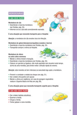 MORDEDURAS
O QUE DEVE FAZER

Mordedura de cão
•	Desinfectar o local da mordedura
	 (ver Feridas, pág. 35).
•	Informar-se se o cão está correctamente vacinado.

É uma situação que necessita transporte para o Hospital.

Atenção: a mordedura de cão envolve risco de infecção.

Mordedura de gatos/ratos/porcos/equídeos (cavalos e burros)
•	Desinfectar o local da mordedura (ver Feridas, pág. 35).
•	Transportar sempre a vítima ao Hospital.


Mordedura de víbora
ou outra cobra venenosa
•	Manter a vítima imóvel e tranquila.
•	Desinfectar o local da mordedura (ver Feridas, pág. 35).
•	Colocar um garrote ou ligadura, não muito apertado nem durante muito tempo, 	




                                                                                       mordeduras
  acima da zona mordida, para tentar evitar a difusão rápida do veneno.

Atenção: esta manobra só tem interesse se executada logo após a mordedura.

•	Prevenir e combater o estado de choque (ver pág. 31).
•	Dar a beber chá quente com açúcar.
•	Manter a vítima em vigilância; em caso de paragem respiratória 	
  realizar o Suporte Básico de Vida (ver pág. 68).

É uma situação grave que necessita transporte urgente para o Hospital.

O QUE NÃO DEVE FAZER

•	Dar a beber bebidas alcoólicas.
•	Queimar a ferida.
•	Chupar a ferida.
•	Tentar golpear a zona mordida.



                                                                                  51
 