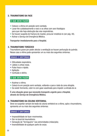 2.	 TRAUMATISMO DA FACE

     O QUE DEVE FAZER

     •	Colocar a vítima em posição semi-sentada.
     •	Lavar-lhe cuidadosamente o nariz e os olhos com soro fisiológico 	
       para que não haja obstrução das vias respiratórias.
     •	Se houver suspeita de fractura do maxilar, procurar imobilizá-lo (ver pág. 40).
     •	Activar o Serviço de Emergência Médica.
     Transportar imediatamente para o Hospital.

3.	 TRAUMATISMO TORÁCICO
    Traumatismo grave por poder afectar a ventilação se houver perfuração do pulmão.
    Nesse caso a vítima pode apresentar um ou mais dos seguintes sintomas:

     SINAIS E SINTOMAS

     •	Dificuldade respiratória.
     •	Lábios e unhas roxas.
     •	Pulso fraco e rápido.
     •	Agitação.
     •	Confusão e delírio.

     O QUE DEVE FAZER

     •	Acalmar a vítima.
     •	Colocá-la em posição semi-sentada, voltando-a para o lado da zona atingida.
     •	Se existir ferimento, cobri-lo com gase vaselinada para impedir a entrada de ar.
     É uma situação grave que necessita transporte urgente para o Hospital,
     através do Serviço de Emergência Médica.

4.	 TRAUMATISMO DA COLUNA VERTEBRAL
    Deve-se suspeitar sempre de lesão da coluna vertebral se a vítima, após o traumatismo,
    apresenta um ou mais dos seguintes sintomas:

     SINAIS E SINTOMAS

     •	Impossibilidade de fazer movimentos.
     •	Dor no local do traumatismo.
     •	Sensação de “formigueiro” nas extremidades (mãos/pés).
     •	Insensibilidade de qualquer parte do corpo.

58
 