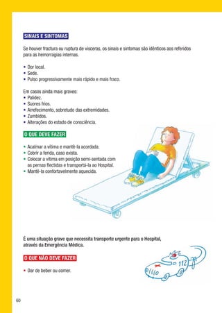 SINAIS E SINTOMAS

     Se houver fractura ou ruptura de vísceras, os sinais e sintomas são idênticos aos referidos
     para as hemorragias internas.

     •	 Dor local.
     •	 Sede.
     •	 Pulso progressivamente mais rápido e mais fraco.

     Em casos ainda mais graves:
     •	 Palidez.
     •	 Suores frios.
     •	 Arrefecimento, sobretudo das extremidades.
     •	 Zumbidos.
     •	 Alterações do estado de consciência.

     O QUE DEVE FAZER

     •	 Acalmar a vítima e mantê-la acordada.
     •	 Cobrir a ferida, caso exista.
     •	 Colocar a vítima em posição semi-sentada com
        as pernas flectidas e transportá-la ao Hospital.
     •	 Mantê-la confortavelmente aquecida.




     É uma situação grave que necessita transporte urgente para o Hospital,
     através da Emergência Médica.

     O QUE NÃO DEVE FAZER

     •	 Dar de beber ou comer.




60
 