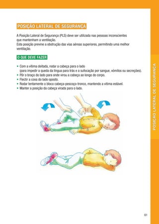 POSIÇÃO LATERAL DE SEGURANÇA
A Posição Lateral de Segurança (PLS) deve ser utilizada nas pessoas inconscientes
que mantenham a ventilação.
Esta posição previne a obstrução das vias aéreas superiores, permitindo uma melhor
ventilação.

O QUE DEVE FAZER




                                                                                                     posição lateral de segurança
•	 Com a vítima deitada, rodar a cabeça para o lado
   (para impedir a queda da língua para trás e a sufocação por sangue, vómitos ou secreções).
•	 Pôr o braço do lado para onde virou a cabeça ao longo do corpo.
•	 Flectir a coxa do lado oposto.
•	 Rodar lentamente o bloco cabeça-pescoço-tronco, mantendo a vítima estável.
•	 Manter a posição da cabeça virada para o lado.




                                                                                                61
 
