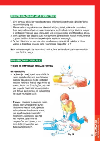 PERMEABILIZAÇÃO DAs VIAs respiratórias

1.   eve certificar-se que as vias respiratórias se encontram desobstruídas e proceder como
    D
    recomendado (pág. 16).
2.   anter a vítima na posição em que foi encontrada (se possível), colocar­‑lhe uma mão na
    M
    testa, exercendo uma ligeira pressão para provocar a extensão da cabeça. Manter o polegar  
    e o indicador livres para tapar o nariz, caso seja necessário iniciar a ventilação boca a boca.
3.   om a ponta de dois dedos da outra mão colocados por debaixo do maxilar inferior, levantar  
    C
    o queixo da vítima. Esta manobra pode ajudar a reiniciar a respiração.
4.   e tiver dificuldade em executar estas manobras na posição inicial, mobilizar a vítima,
    S
    virando-a de costas e proceder como recomendado nos pontos 1 e 2.

Nota:  e houver suspeita de traumatismo cervical, fazer a extensão do queixo sem mobilizar  
      s
      nem flectir a cabeça.


manutenção da circulação

TÉCNICA DE COMPRESSÃO CARDÍACA EXTERNA

Um reanimador:
• 
  Lactente ( 1 ano) – posicionar o bebé de
  costas, apoiado sobre uma superfície dura  
  e colocar os dois dedos médio e indicador
  apoiados no tórax a nível do terço ­inferior do
  esterno. Iniciar com 5 ­insuflações; caso não
  haja resposta, deve ­iniciar as compressões                         Fig. 13
  sem demora a um ­ritmo de 30 compressões
  para duas ­insuflações (30:2).


• Criança – posicionar a criança de costas,
  apoiada sobre uma superfície dura e
  colocar uma ou duas mãos, apoiadas
  no terço inferior do esterno de acordo
  com a preferência do reanimador.
  Iniciar com 5 insuflações; caso não
  haja resposta, deve iniciar as
                                                                                                                    SUPORTE BÁSICO DE VIDA
                                                                                                           reanimação




  compressões, sem demora, a um
  ritmo de 30 compressões para
  duas insuflações (30:2).


                                                                       Fig. 14                        69
 