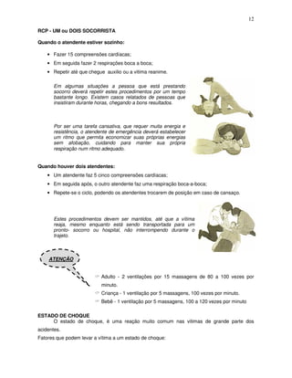 12

RCP - UM ou DOIS SOCORRISTA

Quando o atendente estiver sozinho:

    • Fazer 15 compreensões cardíacas;
    • Em seguida fazer 2 respirações boca a boca;
    • Repetir até que chegue auxilio ou a vitima reanime.

       Em algumas situações a pessoa que está prestando
       socorro deverá repetir estes procedimentos por um tempo
       bastante longo. Existem casos relatados de pessoas que
       insistiram durante horas, chegando a bons resultados.



       Por ser uma tarefa cansativa, que requer muita energia e
       resistência, o atendente de emergência deverá estabelecer
       um ritmo que permita economizar suas próprias energias
       sem afobação, cuidando para manter sua própria
       respiração num ritmo adequado.


Quando houver dois atendentes:
    • Um atendente faz 5 cinco compreensões cardíacas;
    • Em seguida após, o outro atendente faz uma respiração boca-a-boca;
    • Repete-se o ciclo, podendo os atendentes trocarem de posição em caso de cansaço.




       Estes procedimentos devem ser mantidos, até que a vítima
       reaja, mesmo enquanto está sendo transportada para um
       pronto- socorro ou hospital, não interrompendo durante o
       trajeto.



    ATENÇÃO


                           Adulto - 2 ventilações por 15 massagens de 80 a 100 vezes por
                           minuto.
                           Criança - 1 ventilação por 5 massagens, 100 vezes por minuto.
                           Bebê - 1 ventilação por 5 massagens, 100 a 120 vezes por minuto

ESTADO DE CHOQUE
     O estado de choque, é uma reação muito comum nas vitimas de grande parte dos
acidentes.
Fatores que podem levar a vítima a um estado de choque:
 