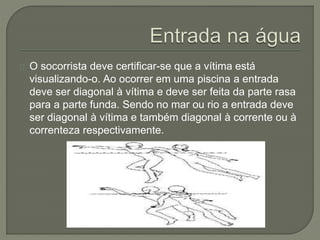 O socorrista deve certificar-se que a vítima está 
visualizando-o. Ao ocorrer em uma piscina a entrada 
deve ser diagonal à vítima e deve ser feita da parte rasa 
para a parte funda. Sendo no mar ou rio a entrada deve 
ser diagonal à vítima e também diagonal à corrente ou à 
correnteza respectivamente. 
 
