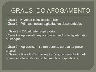Grau 1 - Nível de consciência é bom 
Grau 2 – Vítimas lúcidas, agitadas ou desorientadas 
 Grau 3 – Dificuldade respiratória 
Grau 4 – Apresenta taquicardia e quadro de hipotensão 
ou choque 
Grau 5 – Apresenta – se em apneia, apresenta pulso 
arterial 
 Grau 6 - Parada Cardiorrespiratória, representada pela 
apneia e pela ausência de batimentos respiratórios 
 