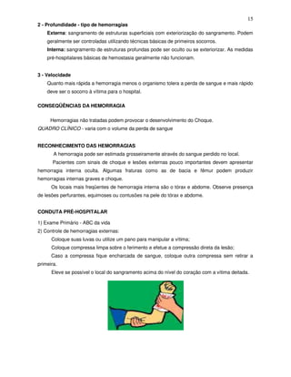 15
2 - Profundidade - tipo de hemorragias
Externa: sangramento de estruturas superficiais com exteriorização do sangramento. Podem
geralmente ser controladas utilizando técnicas básicas de primeiros socorros.
Interna: sangramento de estruturas profundas pode ser oculto ou se exteriorizar. As medidas
pré-hospitalares básicas de hemostasia geralmente não funcionam.
3 - Velocidade
Quanto mais rápida a hemorragia menos o organismo tolera a perda de sangue e mais rápido
deve ser o socorro à vítima para o hospital.
CONSEQÜÊNCIAS DA HEMORRAGIA
Hemorragias não tratadas podem provocar o desenvolvimento do Choque.
QUADRO CLÍNICO - varia com o volume da perda de sangue
RECONHECIMENTO DAS HEMORRAGIAS
A hemorragia pode ser estimada grosseiramente através do sangue perdido no local.
Pacientes com sinais de choque e lesões externas pouco importantes devem apresentar
hemorragia interna oculta. Algumas fraturas como as de bacia e fêmur podem produzir
hemorragias internas graves e choque.
Os locais mais freqüentes de hemorragia interna são o tórax e abdome. Observe presença
de lesões perfurantes, equimoses ou contusões na pele do tórax e abdome.
CONDUTA PRÉ-HOSPITALAR
1) Exame Primário - ABC da vida
2) Controle de hemorragias externas:
Coloque suas luvas ou utilize um pano para manipular a vítima;
Coloque compressa limpa sobre o ferimento e efetue a compressão direta da lesão;
Caso a compressa fique encharcada de sangue, coloque outra compressa sem retirar a
primeira.
Eleve se possível o local do sangramento acima do nível do coração com a vítima deitada.
 