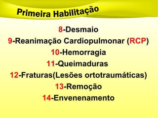 8-Desmaio
9-Reanimação Cardiopulmonar (RCP)
10-Hemorragia
11-Queimaduras
12-Fraturas(Lesões ortotraumáticas)
13-Remoção
14-Envenenamento
 