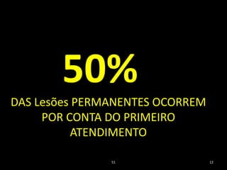 DAS Lesões PERMANENTES OCORREM
POR CONTA DO PRIMEIRO
ATENDIMENTO
51 12
50%
 