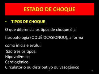 51 72
ESTADO DE CHOQUE
• TIPOS DE CHOQUE
O que diferencia os tipos de choque é a
fisiopatologia (OQUÊ OCASIONOU), a forma
como inicia e evolui.
São três os tipos:
Hipovolêmico
Cardiogênico
Circulatório ou distributivo ou vasogênico
 