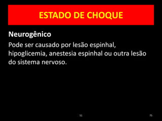 51 75
ESTADO DE CHOQUE
Neurogênico
Pode ser causado por lesão espinhal,
hipoglicemia, anestesia espinhal ou outra lesão
do sistema nervoso.
 
