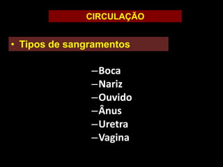 –Boca
–Nariz
–Ouvido
–Ânus
–Uretra
–Vagina
CIRCULAÇÃO
• Tipos de sangramentos
 
