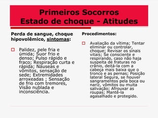 Primeiros Socorros
Estado de choque - Atitudes
Perda de sangue, choque
hipovolêmico, sintomas:
 Palidez, pele fria e
úmida; Suor frio e
denso; Pulso rápido e
fraco; Respiração curta e
rápida; Náuseas e
vômitos, sensação de
sede; Extremidades
arroxeadas ; Sensação
de frio com tremores,
Visão nublada e
inconsciência.
Procedimentos:
 Avaliação da vítima; Tentar
eliminar ou controlar,
choque; Revisar os sinais
vitais; Se consciente e
respirando, caso não haja
suspeita de fraturas no
crânio, deitá-la com a
cabeça mais baixa que o
tronco e as pernas; Posição
lateral Segura, se houver
sangramentos pela boca ou
nariz, vômitos ou muita
salivação; Afrouxar as
roupas; Mantê-la
agasalhado e protegido.
 