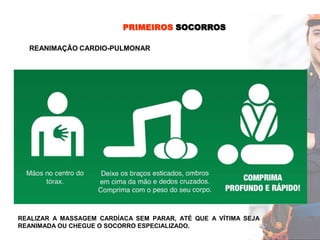 PRIMEIROS SOCORROS
REANIMAÇÃO CARDIO-PULMONAR
REALIZAR A MASSAGEM CARDÍACA SEM PARAR, ATÉ QUE A VÍTIMA SEJA
REANIMADA OU CHEGUE O SOCORRO ESPECIALIZADO.
 