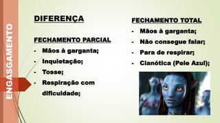 FECHAMENTO PARCIAL
- Mãos à garganta;
- Inquietação;
- Tosse;
- Respiração com
dificuldade;
ENGASGAMENTO
FECHAMENTO TOTAL
- Mãos à garganta;
- Não consegue falar;
- Para de respirar;
- Cianótica (Pele Azul);
DIFERENÇA
 