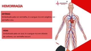 HEMORRAGIA
ARTÉRIAS
Simbolizado pela cor vermelha, é o sangue rico em oxigênio, cor
vermelho vivo.
VEIAS
Simbolizado pela cor azul, é o sangue rico em dióxido
de carbono, cor vermelho escuro
 