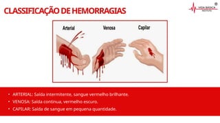 CLASSIFICAÇÃODEHEMORRAGIAS
54%
• ARTERIAL: Saída intermitente, sangue vermelho brilhante.
• VENOSA: Saída continua, vermelho escuro.
• CAPILAR: Saída de sangue em pequena quantidade.
 