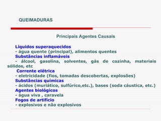 QUEIMADURAS
Principais Agentes Causais
Líquidos superaquecidos
- água quente (principal), alimentos quentes
Substâncias inflamáveis
- álcool, gasolina, solventes, gás de cozinha, materiais
sólidos, etc
Corrente elétrica
- eletricidade (fios, tomadas descobertas, explosões)
Substâncias químicas
- ácidos (muriático, sulfúrico,etc.), bases (soda cáustica, etc.)
Agentes biológicos
- água viva , caravela
Fogos de artifício
- explosivos e não explosivos
 