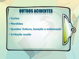 Cortes
Mordidas
Quedas: fratura, luxação e subluxação
Irritação ocular
 