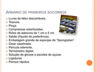 ARMÁRIO DE PRIMEIROS SOCORROS
 Luvas de látex descartáveis.
 Tesoura.
 Pinça.
 Compressas esterilizadas.
 Rolos de adesivos de 1 cm e 5 cm.
 Sabão (líquido de preferência).
 Embalagem grande de esponjas de “Spongostan”.
 Gase vaselinada.
 Película aderente.
 Termómetro digital.
 Solução de glicose e pacotes de açúcar.
 Ligaduras.
 Pensos rápidos.
 