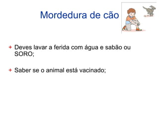 Mordedura de cão


+ Deves lavar a ferida com água e sabão ou
  SORO;

+ Saber se o animal está vacinado;
 