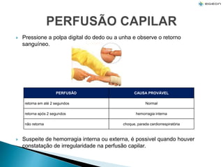  Pressione a polpa digital do dedo ou a unha e observe o retorno
sanguíneo.
 Suspeite de hemorragia interna ou externa, é possivel quando houver
constatação de irregularidade na perfusão capilar.
PERFUSÃO CAUSA PROVÁVEL
retorna em até 2 segundos Normal
retorna após 2 segundos hemorragia interna
não retorna choque, parada cardiorrespiratória
 