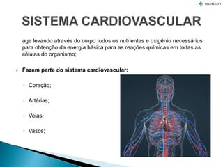 age levando através do corpo todos os nutrientes e oxigênio necessários
para obtenção da energia básica para as reações químicas em todas as
células do organismo;
 Fazem parte do sistema cardiovascular:
◦ Coração;
◦ Artérias;
◦ Veias;
◦ Vasos;
 