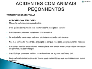 TRATAMENTO PRÉ-HOSPITALAR
ACIDENTES COM SERPENTES
 Mantenha a vítima em repouso absoluto.
 Evite que ela se movimente para não favorecer a absorção do veneno;
 Remova anéis, pulseiras, braceletes e outros adornos;
 Se a picada for na perna ou no braço, mantenha em posição mais elevada;
 Não faça torniquete, impedindo a circulação do sangue, você pode causar gangrena e necrose;
 Não corte o local da ferida evitando hemorragias e nem aplique folhas, pó de café ou terra sobre
ele para não provocar infecção;
 Não dê pinga, querosene ou fumo, como é costume em algumas regiões do País;
 Leve a vítima imediatamente ao serviço de saúde mais próximo, para que possa receber o soro
em tempo.
 