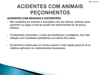 ACIDENTES COM ARANHAS E ESCORPIÕES
 Nos acidentes por aranhas e escorpiões com dor intensa, práticas como
espremer ou sugar o local da picada tem demonstrado ser de pouca
eficácia;
 O tratamento sintomático, à base de anestésicos e analgésico, tem sido
utilizado com resultados satisfatórios na maioria dos casos.
 Encaminhe a vitima para um pronto socorro o mais rápido possível, lá os
médicos aplicaram os medicamentos necessarios.
 
