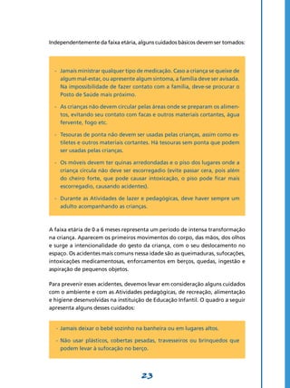 23
Independentemente da faixa etária, alguns cuidados básicos devem ser tomados:
-	 Jamais ministrar qualquer tipo de medicação. Caso a criança se queixe de
algum mal-estar, ou apresente algum sintoma, a família deve ser avisada.
Na impossibilidade de fazer contato com a família, deve-se procurar o
Posto de Saúde mais próximo.
-	 As crianças não devem circular pelas áreas onde se preparam os alimen-
tos, evitando seu contato com facas e outros materiais cortantes, água
fervente, fogo etc.
-	 Tesouras de ponta não devem ser usadas pelas crianças, assim como es-
tiletes e outros materiais cortantes. Há tesouras sem ponta que podem
ser usadas pelas crianças.
-	 Os móveis devem ter quinas arredondadas e o piso dos lugares onde a
criança circula não deve ser escorregadio (evite passar cera, pois além
do cheiro forte, que pode causar intoxicação, o piso pode ficar mais
escorregadio, causando acidentes).
-	 Durante as Atividades de lazer e pedagógicas, deve haver sempre um
adulto acompanhando as crianças.
A faixa etária de 0 a 6 meses representa um período de intensa transformação
na criança. Aparecem os primeiros movimentos do corpo, das mãos, dos olhos
e surge a intencionalidade do gesto da criança, com o seu deslocamento no
espaço. Os acidentes mais comuns nessa idade são as queimaduras, sufocações,
intoxicações medicamentosas, enforcamentos em berços, quedas, ingestão e
aspiração de pequenos objetos.
Para prevenir esses acidentes, devemos levar em consideração alguns cuidados
com o ambiente e com as Atividades pedagógicas, de recreação, alimentação
e higiene desenvolvidas na instituição de Educação Infantil. O quadro a seguir
apresenta alguns desses cuidados:
-	Jamais deixar o bebê sozinho na banheira ou em lugares altos.
-	Não usar plásticos, cobertas pesadas, travesseiros ou brinquedos que
podem levar à sufocação no berço.
 