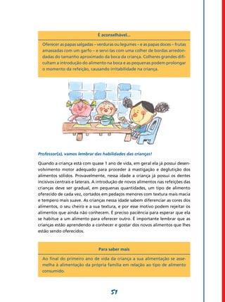 51
É aconselhável...
Oferecer as papas salgadas – verduras ou legumes – e as papas doces – frutas
amassadas com um garfo – e servi-las com uma colher de bordas arredon-
dadas do tamanho aproximado da boca da criança. Colheres grandes difi-
cultam a introdução do alimento na boca e as pequenas podem prolongar
o momento da refeição, causando irritabilidade na criança.
Professor(a), vamos lembrar das habilidades das crianças!
Quando a criança está com quase 1 ano de vida, em geral ela já possui desen-
volvimento motor adequado para proceder à mastigação e deglutição dos
alimentos sólidos. Provavelmente, nessa idade a criança já possui os dentes
incisivos centrais e laterais. A introdução de novos alimentos nas refeições das
crianças deve ser gradual, em pequenas quantidades, um tipo de alimento
oferecido de cada vez, cortados em pedaços menores com textura mais macia
e tempero mais suave. As crianças nessa idade sabem diferenciar as cores dos
alimentos, o seu cheiro e a sua textura, e por esse motivo podem rejeitar os
alimentos que ainda não conhecem. É preciso paciência para esperar que ela
se habitue a um alimento para oferecer outro. É importante lembrar que as
crianças estão aprendendo a conhecer e gostar dos novos alimentos que lhes
estão sendo oferecidos.
Para saber mais
Ao final do primeiro ano de vida da criança a sua alimentação se asse-
melha à alimentação da própria família em relação ao tipo de alimento
consumido.
 