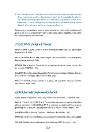62
6. Para despertar nas crianças o valor dos alimentos para o crescimento e
desenvolvimento saudável, faça uma atividade de “exploração dos alimen­
tos”: em pequenos grupos de crianças e em roda, explorem a forma, a cor,
o tamanho, o cheiro de algumas frutas e verduras. Comente qual a função
daquele alimento no organismo e para que ele serve.
Finalmente, é sempre bom lembrar que a atenção e o carinho são fundamentais
para que a criança se desenvolva com saúde. Isso exige do(a) professor(a), além
de conhecimentos, sensibilidade.
SUGESTÕES PARA LEITURA
CECIP/ASBRAC. Creche saudável. Rio de Janeiro: Centro de Criação da Imagem
Popular-CECIP, 1997.
CRAIDY, Carmem, KAERCHER, Gládis (orgs.). Educação Infantil: pra que te quero?
Porto Alegre: Artmed, 2001.
MOURA, Maria Martha Duque de. et al. Manual de saúde para a creche. Rio
de Janeiro: FIOCRUZ, 1996.
OLIVEIRA, Zilma Ramos de. Educação Infantil: fundamentos e métodos. Coleção
Docência em Formação. São Paulo: Cortez, 2002.
ROSSETTI-FERREIRA, Maria Clotilde et al. (orgs.). Os fazeres na educação infantil.
São Paulo: Cortez, 1998.
REFERÊNCIAS BIBLIOGRÁRICAS
ARIÈS, P. História Social da Criança e da Família. Rio de Janeiro: LTC Editora, 1981.
PAULA, E. M. A. T., OLIVEIRA, Z.M.R. Comida diversão e arte: o coletivo infantil no
almoço na creche. In: OLIVEIRA, Z. M. R. A criança e seu desenvolvimento: pers-
pectivas para se discutir a educação infantil. São Paulo: Cortez Editora, 1997.
QUINTANA Mário. Baú de Espantos. São Paulo: Ed. Globo, 1997.
SANCHES,E.C.Creche:realidadeeambigüidades.Petrópolis/RJ:EditoraVozes,2003.
THEBAS, Cláudio. Amigos do peito. Belo Horizonte/MG: Formato, 1996.
 