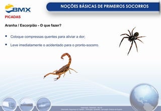 PICADAS
Aranha / Escorpião - O que fazer?
▪ Coloque compressas quentes para aliviar a dor;
▪ Leve imediatamente o acidentado para o pronto-socorro.
NOÇÕES BÁSICAS DE PRIMEIROS SOCORROS
Elaboração: 18/04/2022 - Rev.00
Elaboração: Segurança do Trabalho - Verificação: Qualidade - Aprovação: Diretoria de Suporte
 