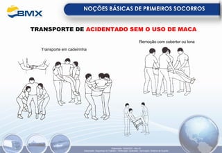 NOÇÕES BÁSICAS DE PRIMEIROS SOCORROS
Remoção com cobertor ou lona
Transporte em cadeirinha
Elaboração: 18/04/2022 - Rev.00
Elaboração: Segurança do Trabalho - Verificação: Qualidade - Aprovação: Diretoria de Suporte
TRANSPORTE DE ACIDENTADO SEM O USO DE MACA
 