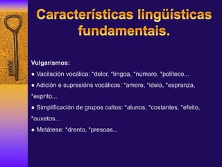 Vulgarismos:
● Vacilación vocálica: *delor, *língoa, *númaro, *políteco...
● Adición e supresións vocálicas: *amore, *ideia, *espranza,
*esprito...
● Simplificación de grupos cultos: *alunos, *costantes, *efeito,
*ouxetos...
● Metátese: *drento, *presoas...
 