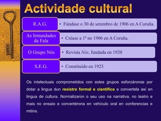 Os intelectuais comprometidos con estes grupos esforzáronse por
dotar a lingua dun rexistro formal e científico e convertela así en
lingua de cultura. Normalizaron o seu uso na narrativa, no teatro e
mais no ensaio e convertérona en vehículo oral en conferencias e
mitins.
• Fúndase o 30 de setembro de 1906 en A Coruña.R.A.G.
• Créase a 1ª no 1906 en A Coruña.
As Irmandades
da Fala
• Revista Nós, fundada en 1920O Grupo Nós
• Constituído en 1923S.E.G.
 