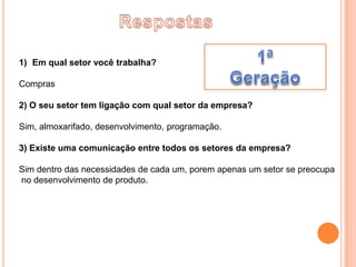 1) Em qual setor você trabalha?

Compras

2) O seu setor tem ligação com qual setor da empresa?

Sim, almoxarifado, desenvolvimento, programação.

3) Existe uma comunicação entre todos os setores da empresa?

Sim dentro das necessidades de cada um, porem apenas um setor se preocupa
no desenvolvimento de produto.
 