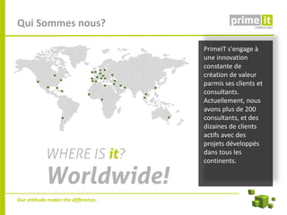 Qui Sommes nous?

                                     PrimeIT s'engage à
                                     une innovation
                                     constante de
                                     création de valeur
                                     parmis ses clients et
                                     consultants.
                                     Actuellement, nous
                                     avons plus de 200
                                     consultants, et des
                                     dizaines de clients
                                     actifs avec des
                                     projets développés
                                     dans tous les
                                     continents.




Our attitude makes the difference.
 