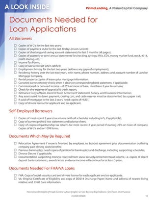 PrimeLending, A PlainsCapital Company



Documents Needed for
Loan Applications
All Borrowers
     Copies of W-2’s for the last two years;
     Copies of paycheck stubs for the last 30 days (most current);
     Copies of checking and saving account statements for last 3 months (all pages);
     Copies of quarterly or semi-annual statements for checking, savings, IRA’s, CD’s, money market fund, stock, 401k,
     pro t sharing, etc.;
     Income Tax Forms;
     Copy of sales contract when rati ed;
     Employment history for the last two years (address any gaps of employment);
     Residency history over the last two years, with name, phone number, address and account number of Land or
     Mortgage Company.
     Rental property copies of leases plus mortgage information.
     Canceled earnest money check when it clears or corresponding bank statement, if applicable;
     Commissioned or bonused income -- if 25% or more of base, must have 2 year tax returns;
     Check for the expense of appraisal & credit report;
     Re nance Copy of Note, Deed of Trust, Settlement Statement, Survey, and Insurance information;
     Any assets used for down payment, closing cost, and cash reserves must be documented by a paper trail;
     If paid o mortgage in the last 2 years, need copies of HUD1;
     Copy of drivers license for applicant and co-applicant.

Self-Employed Borrowers
     Copies of most recent 2 years tax returns (with all schedules including k-I’s, if applicable);
     Copy of current pro t & loss statement and balance sheet;
     Copy of corporate/partnership tax returns for most recent 2 year period if owning 25% or more of company
     Copies of W-2’s and/or 1099 forms.

Documents Which May Be Required
     Relocation Agreement if move is nanced by employer, i.e. buyout agreement plus documentation outlining
     company paid closing costs bene ts;
     Previous bankruptcy, need copies of petition for bankruptcy and discharge, including supporting schedules;
     Divorce Decree if applicable;
     Documentation supporting moneys received from social security/retirement trust income, i.e. copies of direct
     deposit bank statements, awards letter, evidence income will continue for at least 3 years.

Documents Needed For FHA/VA Loans
     FHA: Copy of social security card and drivers license for each applicant and co-applicants;
     VA: Original Certi cate of Eligibility and copy of DD214 Discharge Paper; Name and address of nearest living
     relative; and, Child Care information.


            Honesty and Integrity | People Centric Culture | Agile | Service Beyond Expectations | One Team One Purpose
                                                          A LOOK INSIDE                                                   10
 