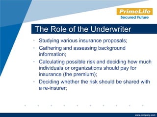 The Role of the Underwriter
• Studying various insurance proposals;
• Gathering and assessing background
  information;
• Calculating possible risk and deciding how much
  individuals or organizations should pay for
  insurance (the premium);
• Deciding whether the risk should be shared with
  a re-insurer;




                                          www.company.com
 