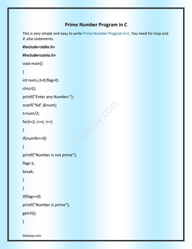 Prime number program in C | PDF