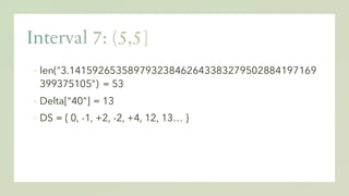 ▪ len("3.141592653589793238462643383279502884197169
399375105") = 53
▪ Delta["40"] = 13
▪ DS = { 0, -1, +2, -2, +4, 12, 13… }
 