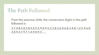 ▪ From the previous slide, the consecutive digits in the path
followed is:
▪ 3,7,4,8,5,8,2,8,5,8,5,5,9,0,9,5,2,3,8,3,6,0,6,8,3,4,8,1,2,5,9,6,0,
2,8,9,4,7,9,7,1,4,9,0,9,3,….
 
