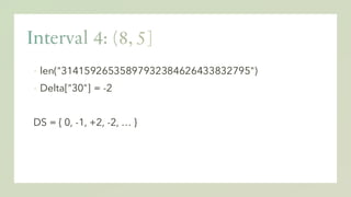 ▪ len("31415926535897932384626433832795")
▪ Delta["30"] = -2
DS = { 0, -1, +2, -2, … }
 