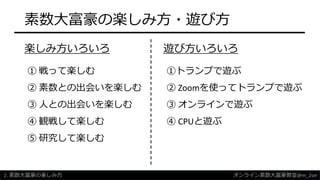 素数大富豪の楽しみ方・遊び方
遊び方いろいろ楽しみ方いろいろ
①トランプで遊ぶ
② Zoomを使ってトランプで遊ぶ
③ オンラインで遊ぶ
④ CPUと遊ぶ
① 戦って楽しむ
② 素数との出会いを楽しむ
③ 人との出会いを楽しむ
④ 観戦して楽しむ
⑤ 研究して楽しむ
2. 素数大富豪の楽しみ方 オンライン素数大富豪教室@m_2sei
 