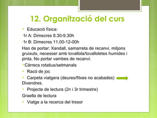12. Organització del curs
 Educació física:
-1r A: Dimecres 8.30-9.30h
-1r B: Dimecres 11.00-12-00h
Han de portar: Xandall, samarreta de recanvi, mitjons
gruixuts, necesser amb tovallola/tovalloletes humides i
pinta. No portar vambes de recanvi.
Càrrecs rotatius/setmanals
 Racó de joc
 Carpeta viatgera (deures/fitxes no acabades)
Divendres.
 Projecte de lectura (2n i 3r trimestre)
Graella de lectura
 Viatge a la recerca del tresor
 