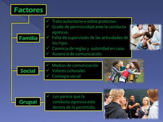 Factores

Familia

 Trato autoritario o sobre protector.
 Grado de permisividad ante la conducta
agresiva.
 Falta de supervisión de las actividades de
los hijos.
 Carencia de reglas y autoridad en casa.
 Ausencia de comunicación.

Social

 Medios de comunicación
 Valores culturales
 Contagio social

Grupal

 Les parece que la
conducta agresiva esta
dentro de lo permitido.

 
